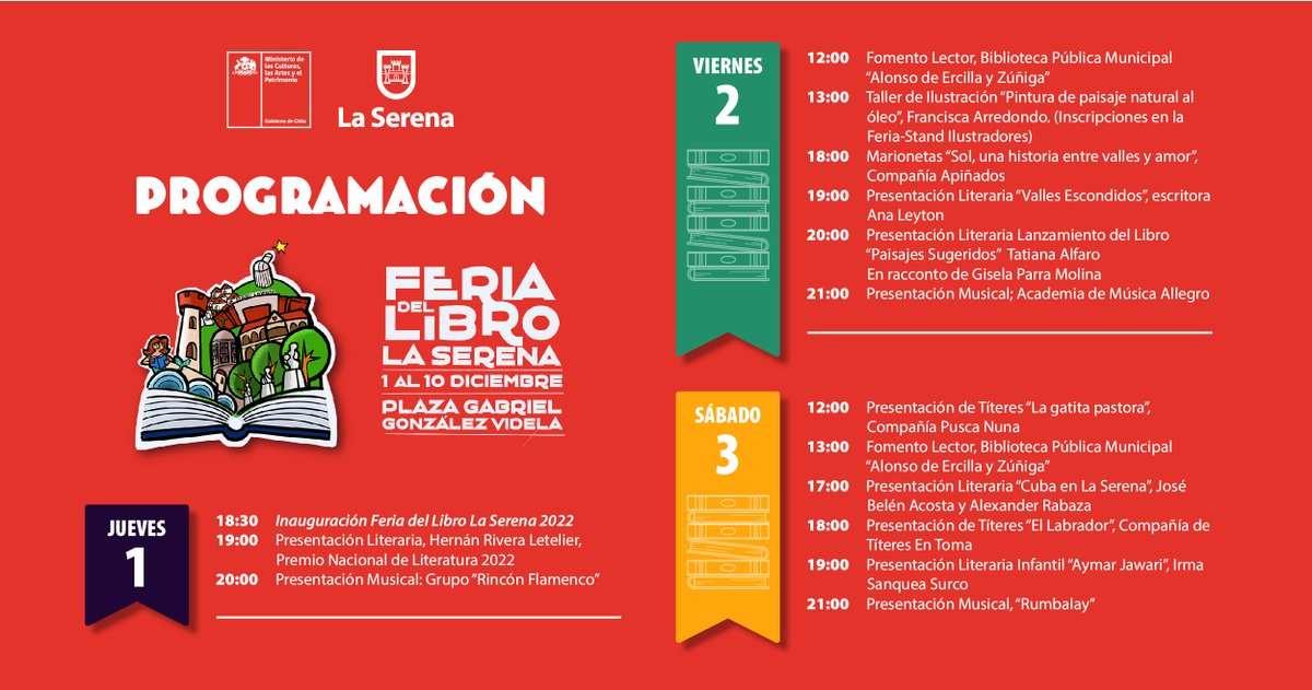 munilaserena's tweet photo. 📚 Del 1 al 10 de diciembre invitamos a una nueva versión de la Feria del Libro de La Serena. Revisa la programación y no te pierdas este gran evento cultural gratuito organizado por el municipio de La Serena y financiado por el @culturas_cqbo #LaSerena #cultura #FeriaDelLibro https://t.co/q48cyk4ATC