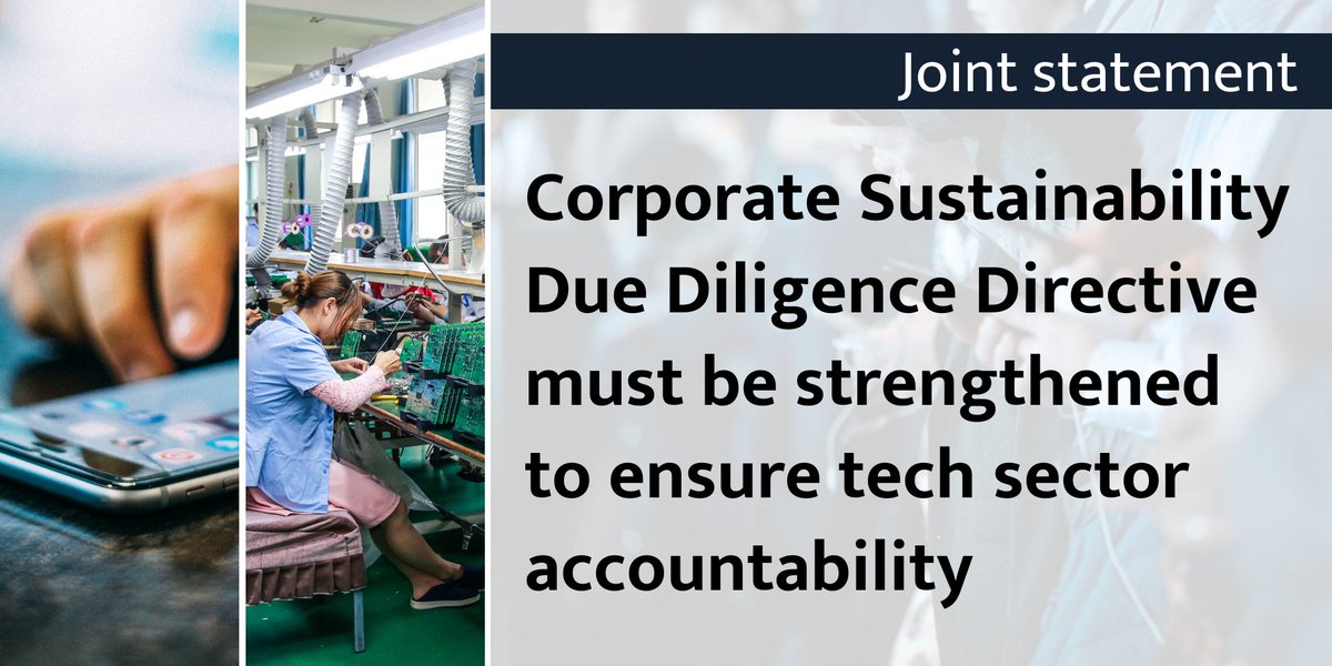 BHRCmedia's tweet photo. 📣 Corporate Sustainability Due Diligence Directive must be strengthened to ensure tech sector accountability 📱

Ahead of Thursday's crucial #EU council meeting, 75+ orgs call on 🇪🇺 policymakers to strengthen #CSDD directive for #tech accountability 1/
https://t.co/qb24zoSxeo https://t.co/yyaYUCBGgn