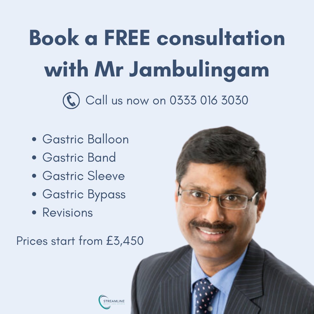streamlinesurg's tweet photo. Are you interested in Weight Loss Surgery? Book a FREE consultation with the highly recommended Mr Jambulingam. Call us today on 0333 016 3030 or fill out our form online https://t.co/T7gT4FcBgQ https://t.co/hLEFehWjLs