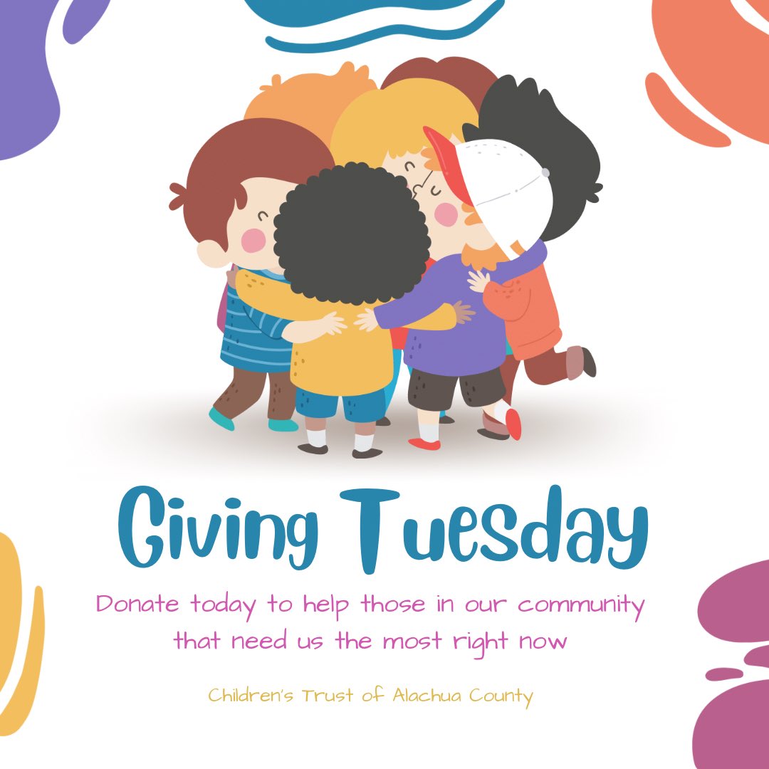 It’s Giving Tuesday! Will you spread a little cheer by donating to organizations across Alachua County that help improve the lives of children &amp; families? Together, we can improve the lives of children in our county. #families #givingtuesdayFL #kids