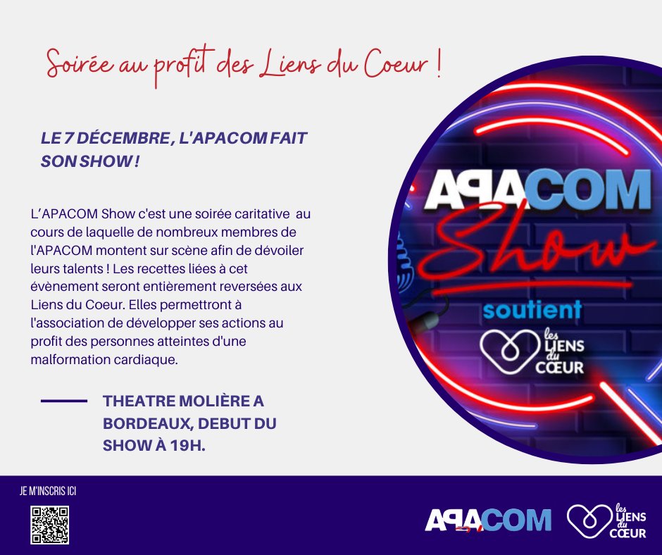 Lesliensducoeur's tweet photo. Ca se passe le 7 décembre et c'est au profit des LIENS DU COEUR. #apacomshow #soirée #évènement #bordeaux #apacom https://t.co/eb6spyWQPk