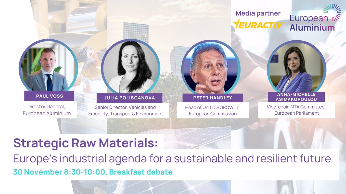 EU_Aluminium's tweet photo. Remember to register for our event on #StrategicRawMaterials👉https://t.co/tca3qeQfff.
Join @PaulVossEHP, @peterhandley3, @AnnaAsimakopoul & @juliepolie in discussing how the upcoming #CRM act can support sustainable growth & strategic autonomy in 🇪🇺.
📅30 November
📍Brussels https://t.co/5klOat5nWc