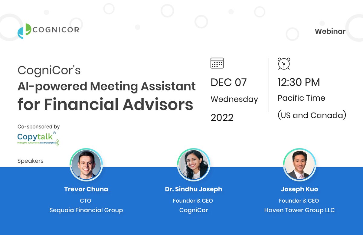 Maree Moscati (@copytalkmaree) on Twitter photo Wonder what value an AI-powered Meeting Asst may be? Learn more: Copytalk proud to co-sponsor this webinar with CogniCor - register here 👇
Dec 7, 2022 12:30 PM in Pacific Time (US and Canada)
lnkd.in/eyJKTdfQ
<a href="/cognicor/">cognicor</a> <a href="/SequoiaFin/">Sequoia Financial Group</a> <a href="/HavenTowerGroup/">Haven Tower Group</a> Wonder what value an AI-powered Meeting Asst may be? Learn more: Copytalk proud to co-sponsor this webinar with CogniCor - register here 👇
Dec 7, 2022 12:30 PM in Pacific Time (US and Canada)
lnkd.in/eyJKTdfQ
<a href="/cognicor/">cognicor</a> <a href="/SequoiaFin/">Sequoia Financial Group</a> <a href="/HavenTowerGroup/">Haven Tower Group</a>