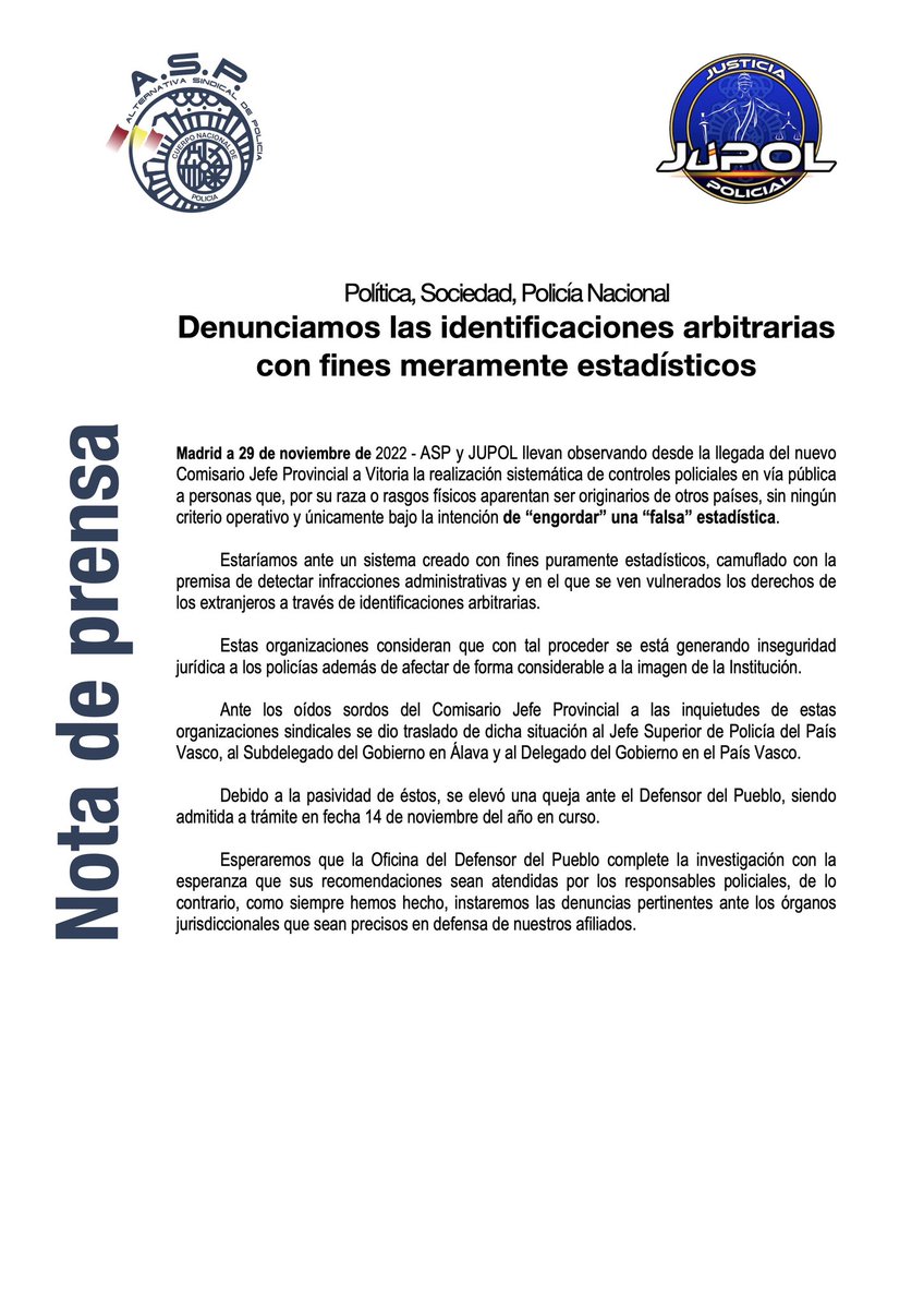 PoliciaASP's tweet photo. Denunciamos junto a @JupolNacional el mal uso de la estadística en la @policia. 

Es urgente actualizar el actual modelo policial, que castiga, menosprecia y desprotege a los policías nacionales. 👮🏻👮🏻‍♂️🚔 https://t.co/J8NHhHeTxK