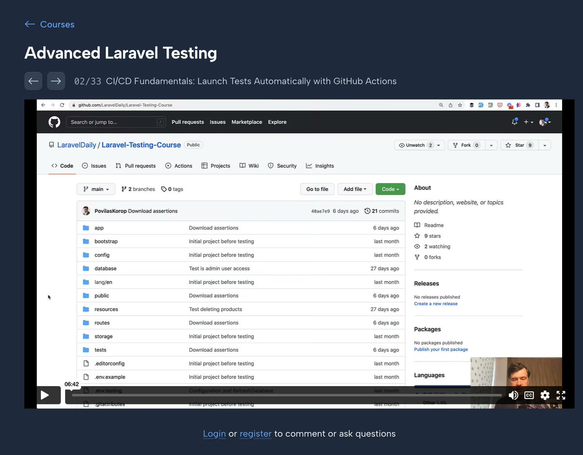 PovilasKorop's tweet image. Free lesson from my course "Advanced Laravel Testing".
This one is called "CI/CD Fundamentals: Launch Tests Automatically with GitHub Actions"
Watch for free here: laraveldaily.com/lesson/laravel…