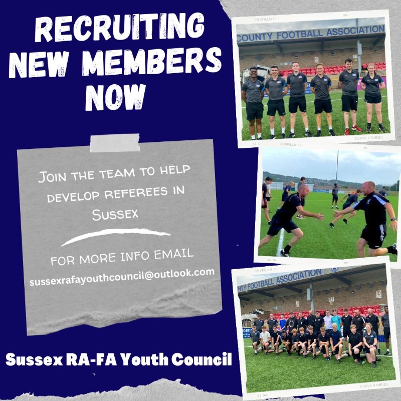 SussexCountyFA's tweet photo. 👊 We are delighted to announce that the Sussex RA-FA Youth Council are recruiting referees between the age of 16 to 25, to help develop refereeing in Sussex!

For more information...⬇️ #SussexFootball⚽️