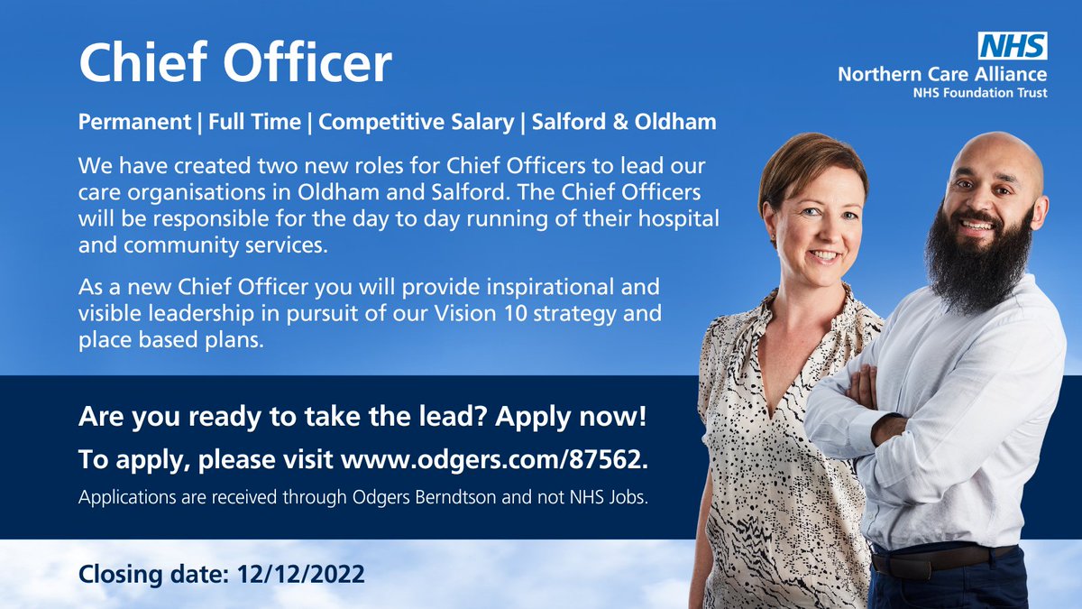 We are seeking inclusive and inspiring #leaders, to join us as Chief Officers for Salford and Oldham Care Organisation. 

As a Chief Officer you will manage the day-to-day running of hospital and community services and provide leadership support.

🔗 bit.ly/3UaejkE