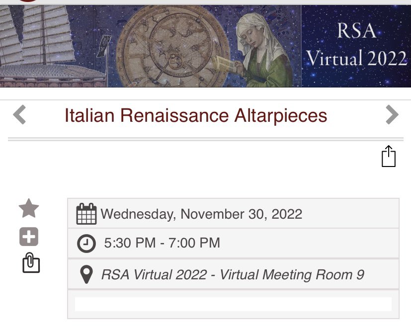 Excited to be presenting a paper tomorrow entitled ‘Recovering altarpiece by Giovanni dal Ponte and
Bicci Di Lorenzo for Santa Trinita, Florence’ tomorrow at #RenSA22Virtual  Please join if you are interested! (GMT time below)