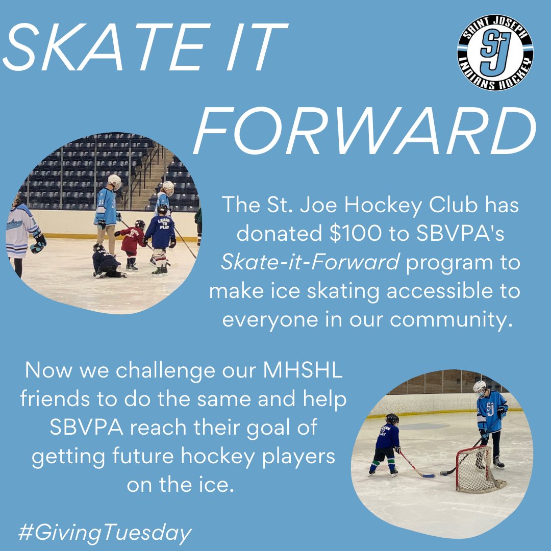 SJHShockey's tweet photo. On #GivingTuesday, we ask our @MHSHL_Hockey friends to join us in supporting @sbvpa’s Skate-it-Forward program to make skating accessible for everyone in the community.

@JAAdamsHockey @PennHockey1 @SWMBlades @LSJHockey @Riley_Hockey @ValpoIce https://t.co/kqpZbA6c3k