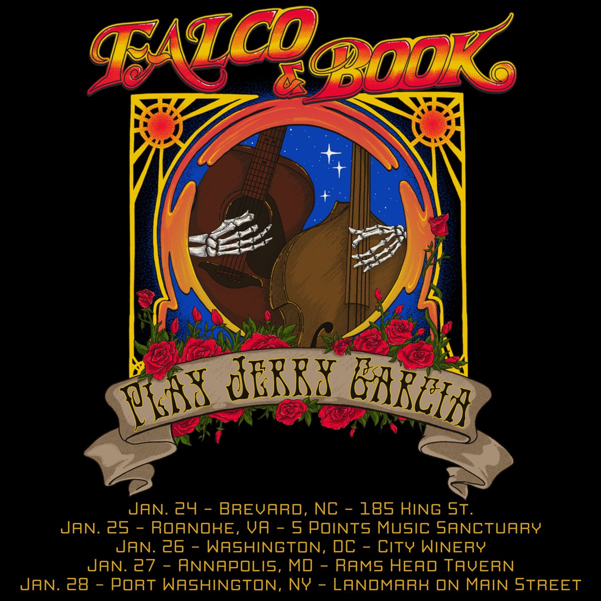 Super stoked to announce this duo tour with my distinguished colleague Travis Book in January playing the music of Jerry Garcia!  Get your tix now 💥💥 (art by shakedownstyles/photo by Mountain Trout Photography)