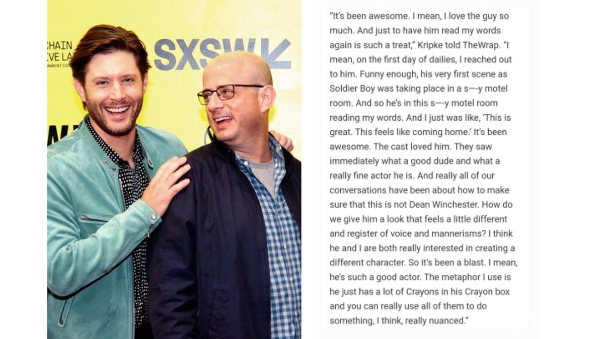 feeling soft for the relationship jensen had built with kripke, like it genuinely makes me soft how much kripke loves jensen and has always trusted his ability since supernatural. he loves and respects him so much both as an actor and a person and he's so proud of him 💞🫂