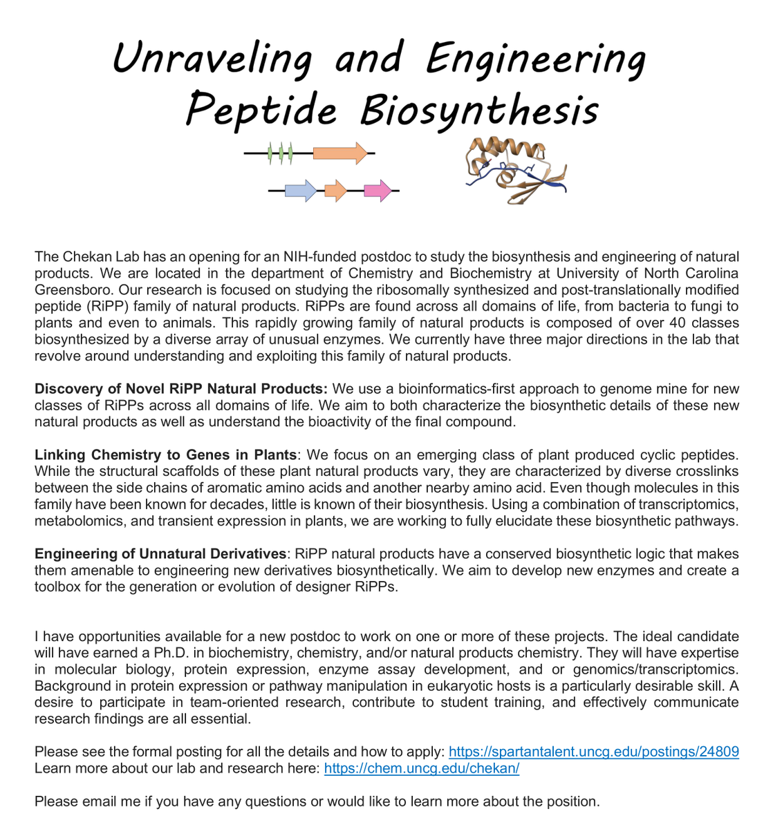 We have an opening for a NIH-funded postdoc in the lab! Our research focuses on the discovery and engineering of new RiPP natural product biosynthetic pathways using bioinformatic and in vitro approaches. See details below. #chempostdoc