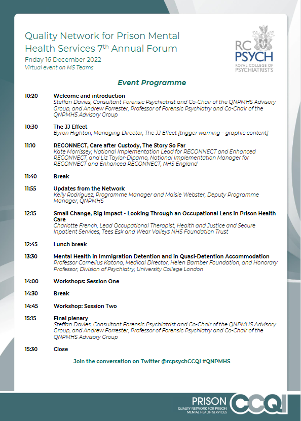 Final chance to sign up to the Quality Network for #Prison #MentalHealth Services' Annual Forum, taking place virtually on 16 December. Click here to book: forms.office.com/Pages/Response…. We look forward to welcoming you! #QNPMHS