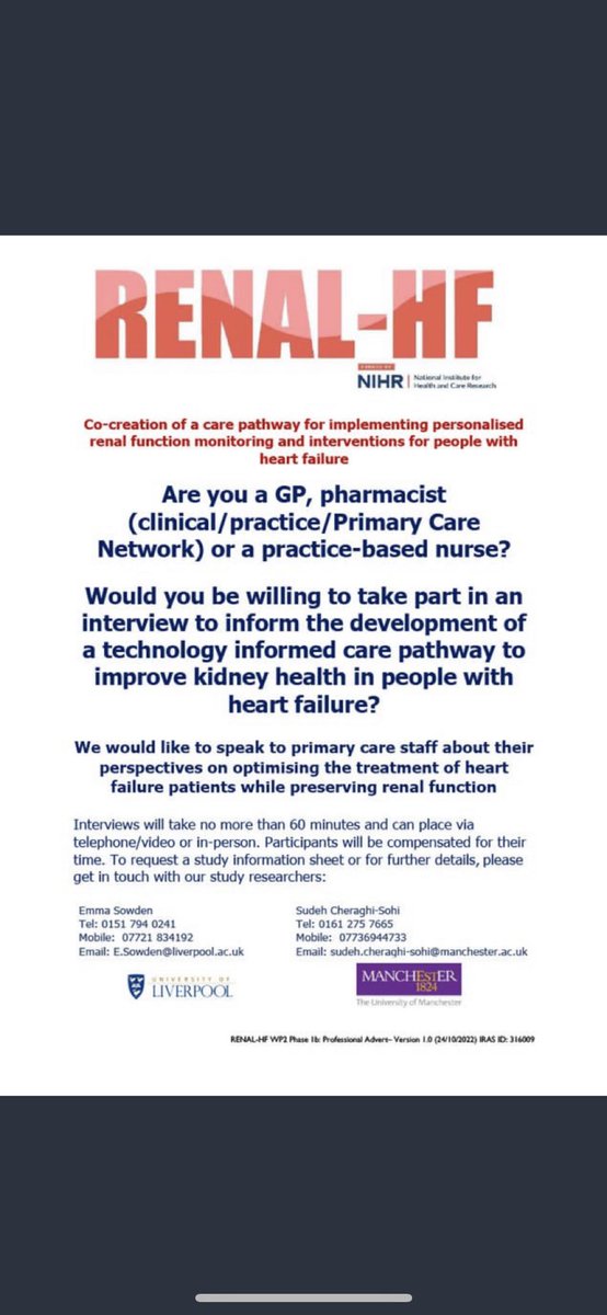 We are looking for GPs, Practice nurses and Clinical or PCN pharmacists for our interview study on how clinicians manage to optimise the treatment of patients with #heartfailure whilst preserving #renalfunction for @RENALHF Please get in touch if you can help!
