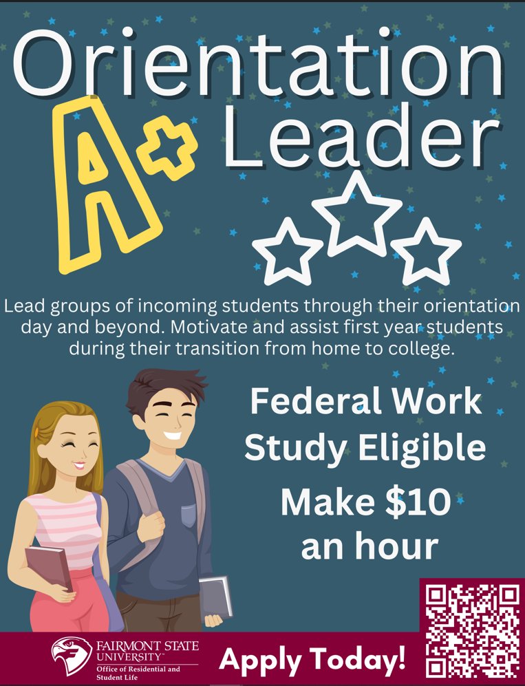 STUDENT EMPLOYMENT OPPORTUNITY! Apply here: 
fairmontstatejobs.com/postings/2505