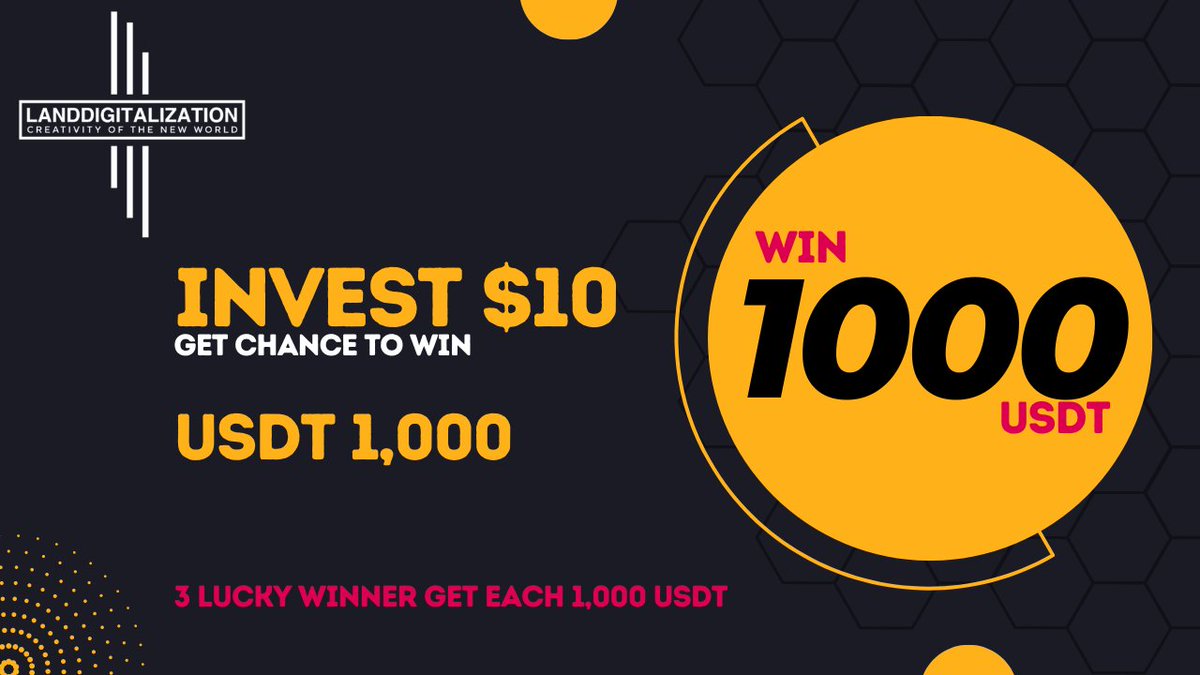 Win USDT 1,000
Bot : t.me/LandDigitaliza…

Invest $10, Get $10 Package FREE
+
Get Chance to win 1,000 USDT

Validity: 30/11/2022 to 30/12/2022
Lucky Draw Date: 31/12/2022

Lucky winners : 3 Users
Amount : 1,000 USDT Each Lucky User