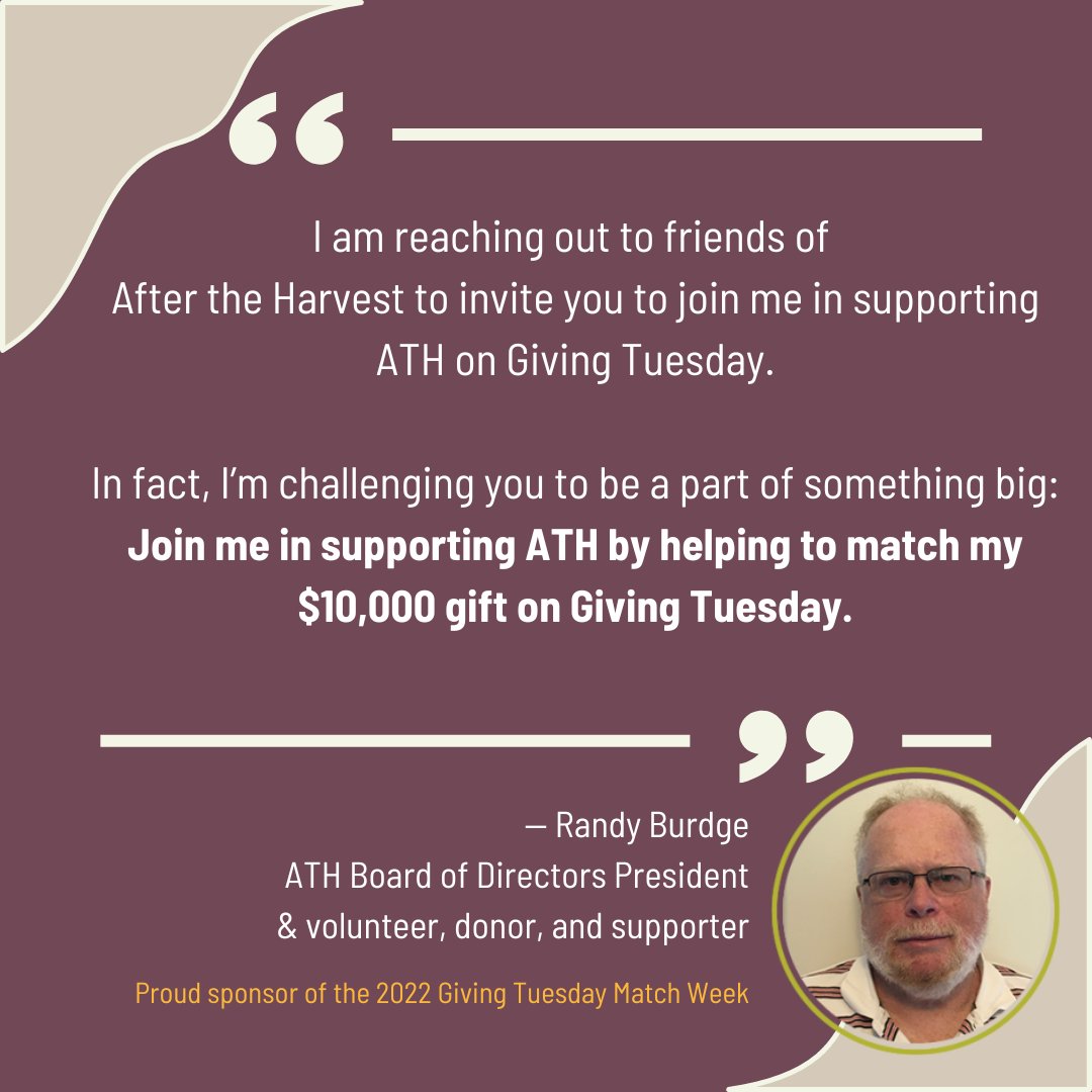 This week, all your donations will be matched up to $10,000, thanks to our sponsor Randy Burge. He is not only our Board President but has been an indispensable volunteer for us since 2014.
Read how Randy's role in ATH has evolved over the years: ow.ly/WqgL50LQ7yA