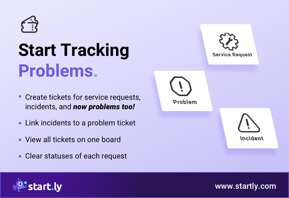 startlysoftware's tweet image. When a service desk becomes aware that dozens of incidents have the same root cause, it creates a problem ticket, escalates it, and then links all the incident tickets to it. With Startly, service desks can track problems and link incidents. Learn more at startly.com.