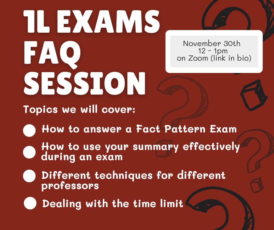 Attention all 1Ls! We are having a 1L exam FAQ session tomorrow Wed November 30th from 12-1pm ON ZOOM! 

We know that you have zero time during November. Drop in for our session from the comfort of your bed, in your pjs, or while you're making lunch!
link:
us04web.zoom.us/j/72036604966?…