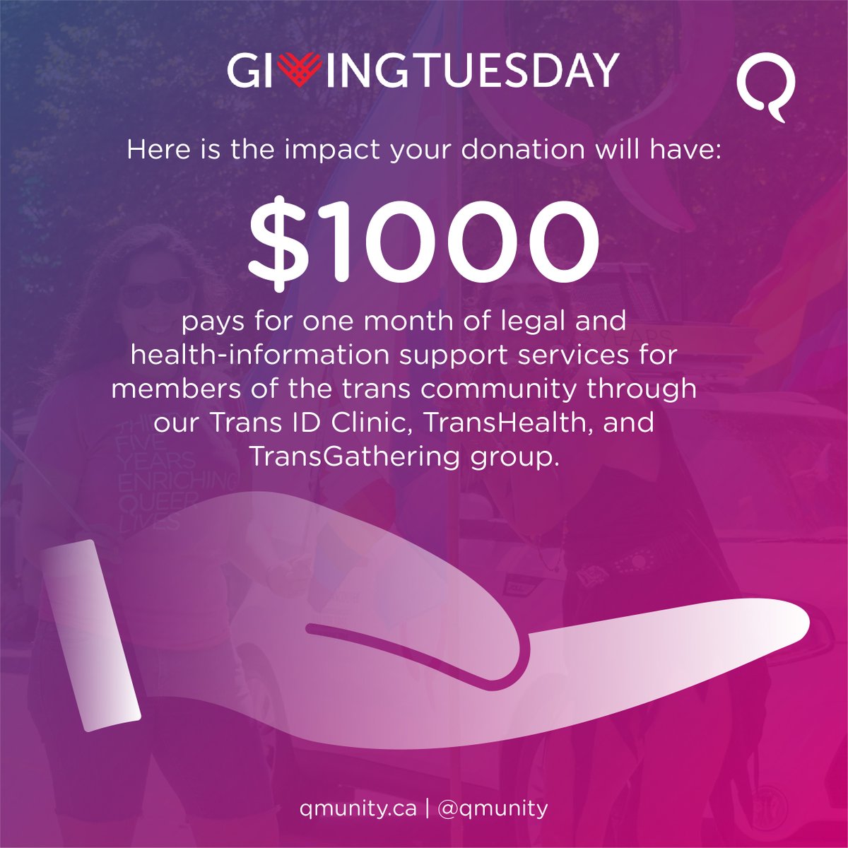 QMUNITY exists out of a need to empower queer, trans, and 2S folks, to strengthen our 2SLGBTQIA+ communities, and to lead the way towards legal and lived equality in our society. Here is what your donation this #GivingTuesday can do. Donation link shorturl.at/lxJL4