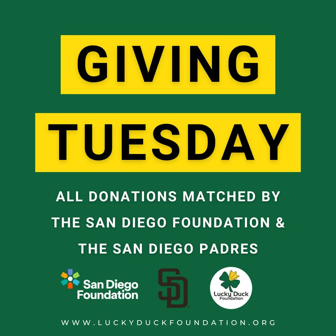 Lucky Duck Foundation (@luckyduckfound) on Twitter photo Today is #GivingTuesday and we humbly ask that you consider making a donation to alleviate the suffering of homelessness in San Diego. With the generous dollar-for-dollar match from <a href="/sd_fdn/">San Diego Foundation</a> and <a href="/Padres/">San Diego Padres</a> your donation will be TRIPLED: bit.ly/38KXqHF
#ShareYourLuck Today is #GivingTuesday and we humbly ask that you consider making a donation to alleviate the suffering of homelessness in San Diego. With the generous dollar-for-dollar match from <a href="/sd_fdn/">San Diego Foundation</a> and <a href="/Padres/">San Diego Padres</a> your donation will be TRIPLED: bit.ly/38KXqHF
#ShareYourLuck
