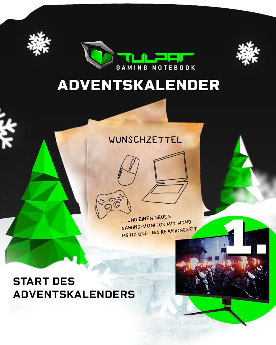 tulparnotebook's tweet photo. Tulpar #Adventskalender #1

Wir starten mit einem Highlight! Heute verlosen wir unter allen Teilnehmern:
🎁Aryond A32 Gaming Monitor

📝Wie nimmst du teil?
1. Retweete diesen Post
2. Folge @tulparnotebook 
3. Kommentiere, was du dir zu Weihnachten wünschst

#tulparnotebook https://t.co/08wUxGVESH