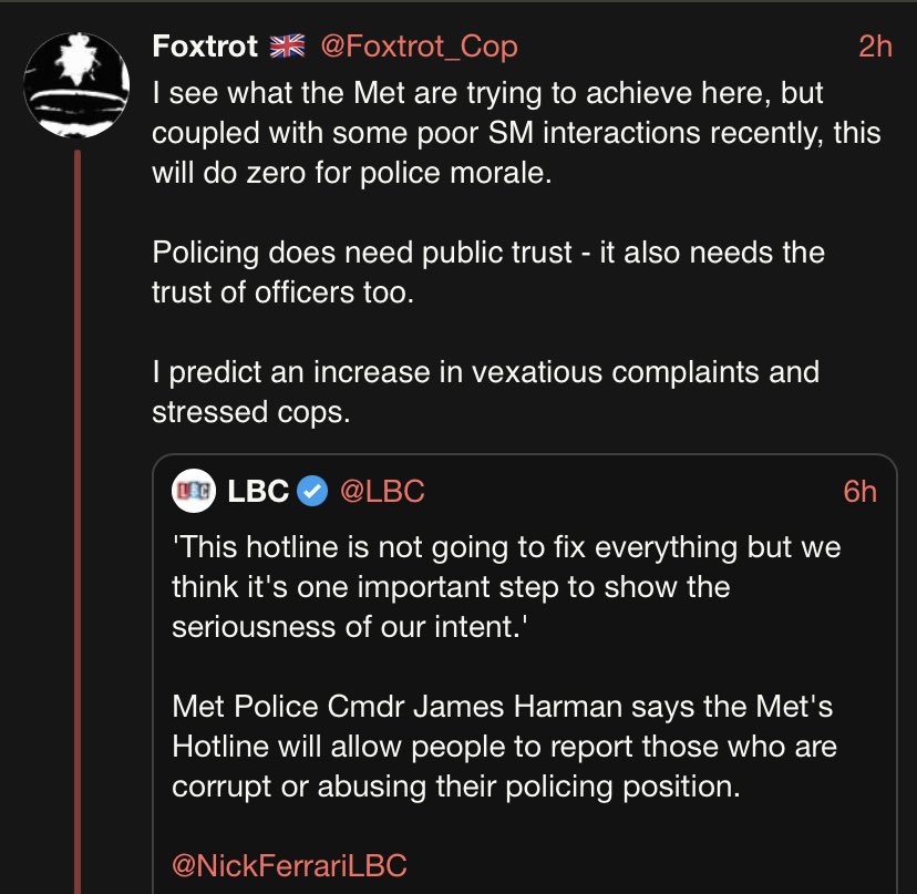 AVintenAuthor's tweet photo. Let’s see what #PoliceTwitter are saying about this new #MetPolice #policehotline then …. of course, that the public will make malicious complaints. With this attitude from cops online, what hope will anyone have that this hotline will work? #MetMisconduct 1of2 https://t.co/LapkiMxvbB