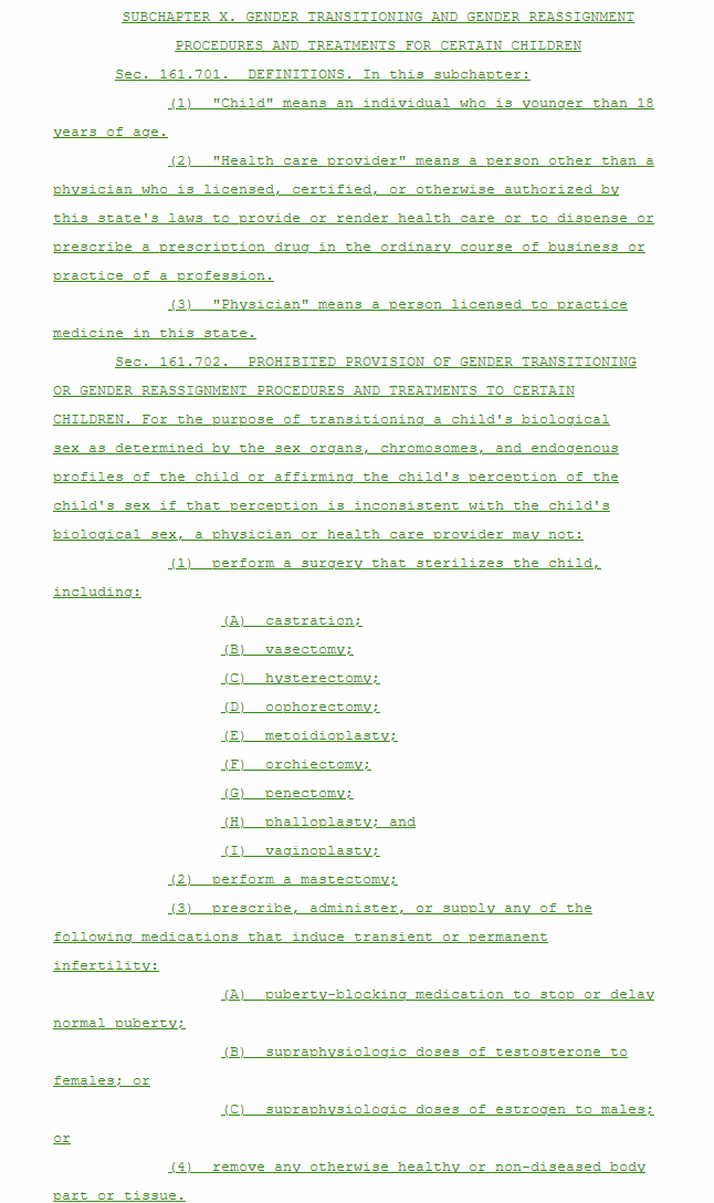 Texas has released another bill, SB250, that would medically detransition all trans youth. It would ban gender affirming care for them and also remove liability insurance for doctors in the state.

Trans youth, many of whom are stealth, would be forced through the wrong puberty.