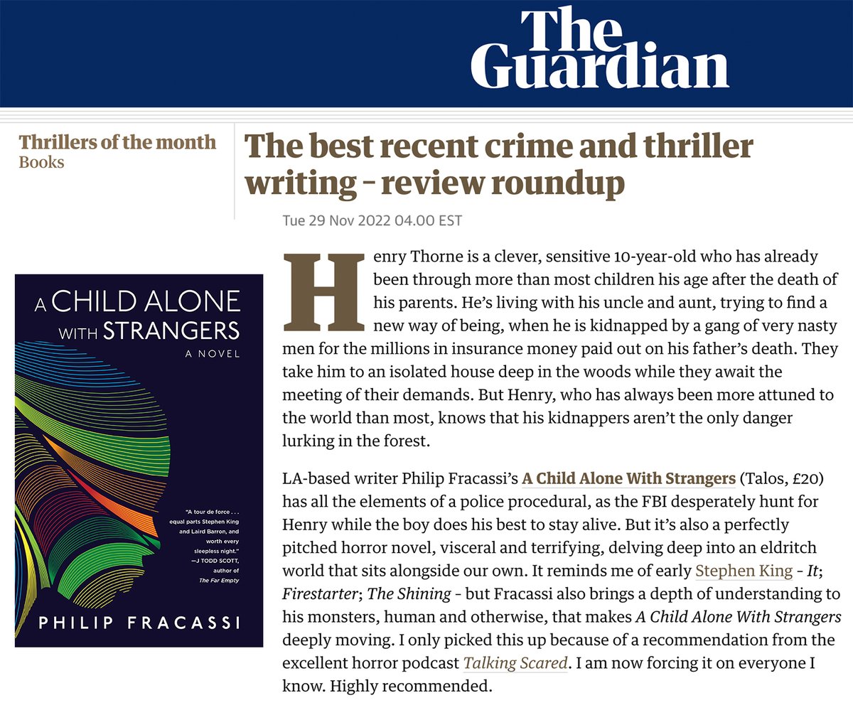PhilipFracassi's tweet image. A CHILD ALONE WITH STRANGERS has now been named one of the "Best Horror Books of 2022" by @esquire and a "Thriller of the Month" by @guardian.

I hope folks continue to find my novel. Any and all support is appreciated!

"One of the best books of the year." - @SignalHorizon