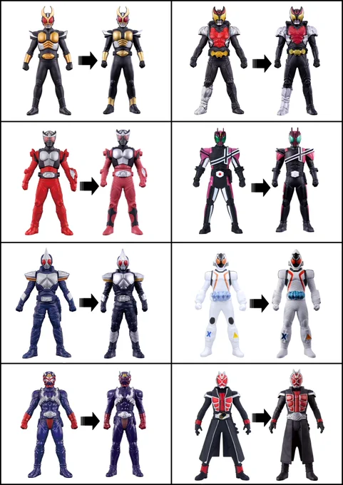 とりあえず作ってみた「レジェンドライダーヒストリー→仮面ライダーソフビシリーズの比較画像」です

塗装減ってるのもまあまあいるけどそこまで気にならない印象、アギト龍騎ブレイドは明確に増えてて意外
ディケイドだけちょっと違和感あるかもしれない 