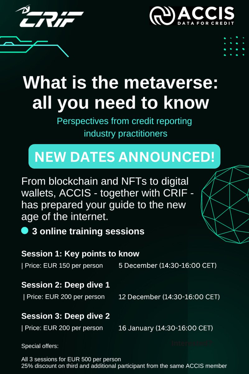 ACCISeu's tweet photo. ❗ Last days for ACCIS members to register for the Metaverse Training Sessions!

You will find below the new dates when the sessions will be taking place:
🔰 Session 1: Key points to know - 5 December
🔰 Session 2: Deep dive 1 - 12 December
🔰 Session 3: Deep dive 2 - 16 January https://t.co/mm7zmK0d4T
