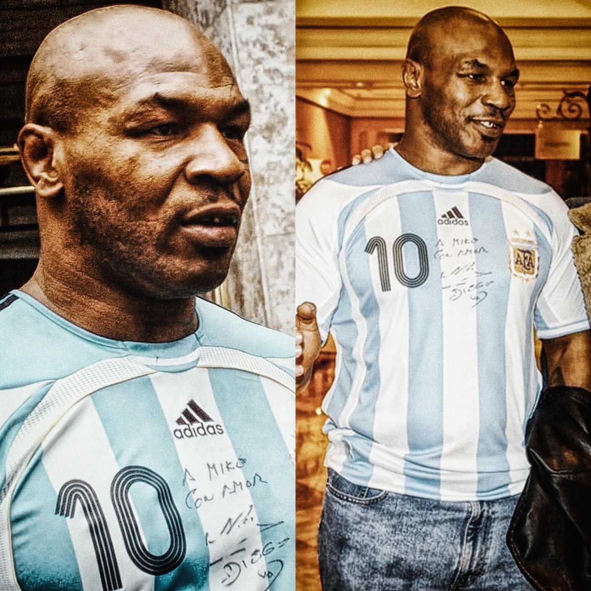 sportsworld011's tweet photo. DID YOU KNOW: In 2005, while walking through Sao Paulo, Brazil, Mike Tyson hit a journalist and broke a recording camera. For this incident, he was cited by Justice. When he went to testify, to anger the Brazilian people, he put on the Argentina shirt 🇦🇷 signed by Diego Maradona. https://t.co/gH0KCIfCBm
