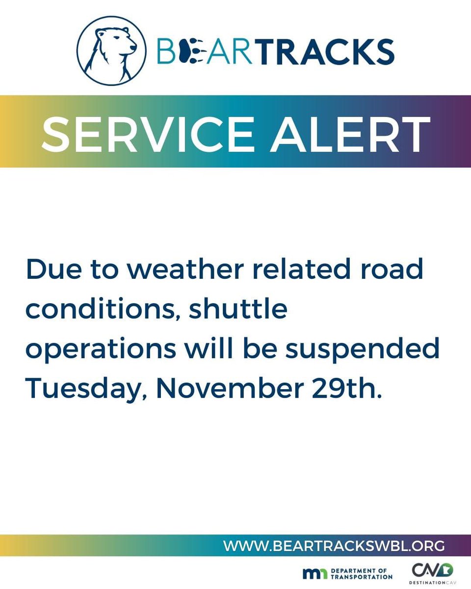 The Bear Tracks shuttle will not be operating today due to the ongoing snowstorm.  We appreciate your patience as we prioritize safety throughout this project!