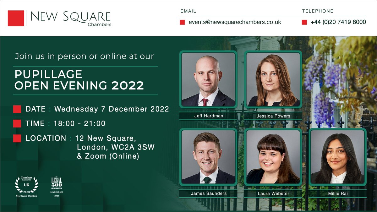 NewSqChambers's tweet photo. We will be hosting an evening of informal, “off-the-record” discussion about pupillage at New Square, and a career at the Chancery Bar on Weds 7 Dec 2022, taking place in Chambers from 6-9pm in person and via zoom.

Read more here: https://t.co/oOeUyht1xs

#Pupillage #OpenEve https://t.co/Od1bZUhxUr