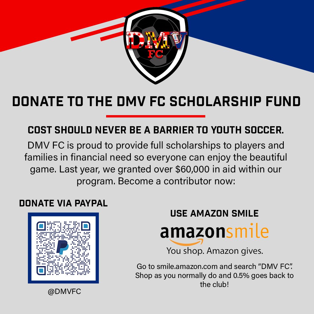 dmv_fc's tweet photo. This Giving Tuesday, consider donating to DMV FC's scholarship program!
We award thousands annually to players with financial need. Join us in our mission to give every child access to the beautiful game ❤
Donate through Paypal: https://t.co/BNt4L7oKgk
#UnityThroughExcellence https://t.co/vK5Mvo1SZX