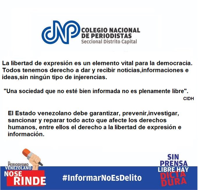 CNPCaracas's tweet photo. #29Nov La libertad de expresión es un elemento vital para la democracia. Todos tenemos derecho a dar y recibir noticias, informaciones e ideas,sin ningún tipo de injerencias.

 "Una sociedad que no esté bien informada no es plenamente libre". https://t.co/dfBybJ6htG
