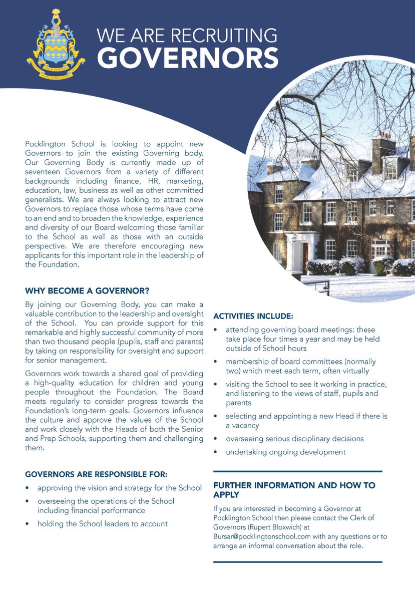 PSFbiznetwork's tweet photo. Pocklington School is currently recruiting for Governors to join its Governing body. For more information, please contact Rupert Bloxwich bursar@pocklingtonschool.com. https://t.co/FH8K7Chqhl