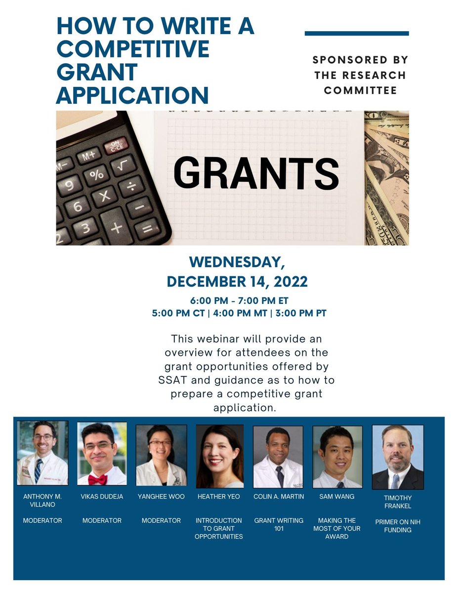SSAT (@ssatnews) on Twitter photo Don't forget to register for upcoming webinar How to Write a Competitive Grant Application with <a href="/SSATNews/">SSAT</a> heavy hitters <a href="/AMVillanoMD/">Anthony Villano, MD</a> <a href="/drvikasdudeja/">VIKAS DUDEJA</a> <a href="/heatheryeomd/">Heather Yeo MD</a> <a href="/colinalexmartin/">Colin A. Martin MD</a> <a href="/SamWangMD/">Sam C. Wang</a> #TimothyFrankel <a href="/YangheeWoo/">Yanghee Woo</a> <a href="/AcademicSurgery/">Assoc4AcademicSurgery</a> <a href="/SocietyofBAS/">Society of Black Academic Surgeons</a> <a href="/AsianAcadSurg/">SocAsianAcadSurg</a> <a href="/LatinoSurgery/">LatinoSurgSociety</a> Don't forget to register for upcoming webinar How to Write a Competitive Grant Application with <a href="/SSATNews/">SSAT</a> heavy hitters <a href="/AMVillanoMD/">Anthony Villano, MD</a> <a href="/drvikasdudeja/">VIKAS DUDEJA</a> <a href="/heatheryeomd/">Heather Yeo MD</a> <a href="/colinalexmartin/">Colin A. Martin MD</a> <a href="/SamWangMD/">Sam C. Wang</a> #TimothyFrankel <a href="/YangheeWoo/">Yanghee Woo</a> <a href="/AcademicSurgery/">Assoc4AcademicSurgery</a> <a href="/SocietyofBAS/">Society of Black Academic Surgeons</a> <a href="/AsianAcadSurg/">SocAsianAcadSurg</a> <a href="/LatinoSurgery/">LatinoSurgSociety</a>