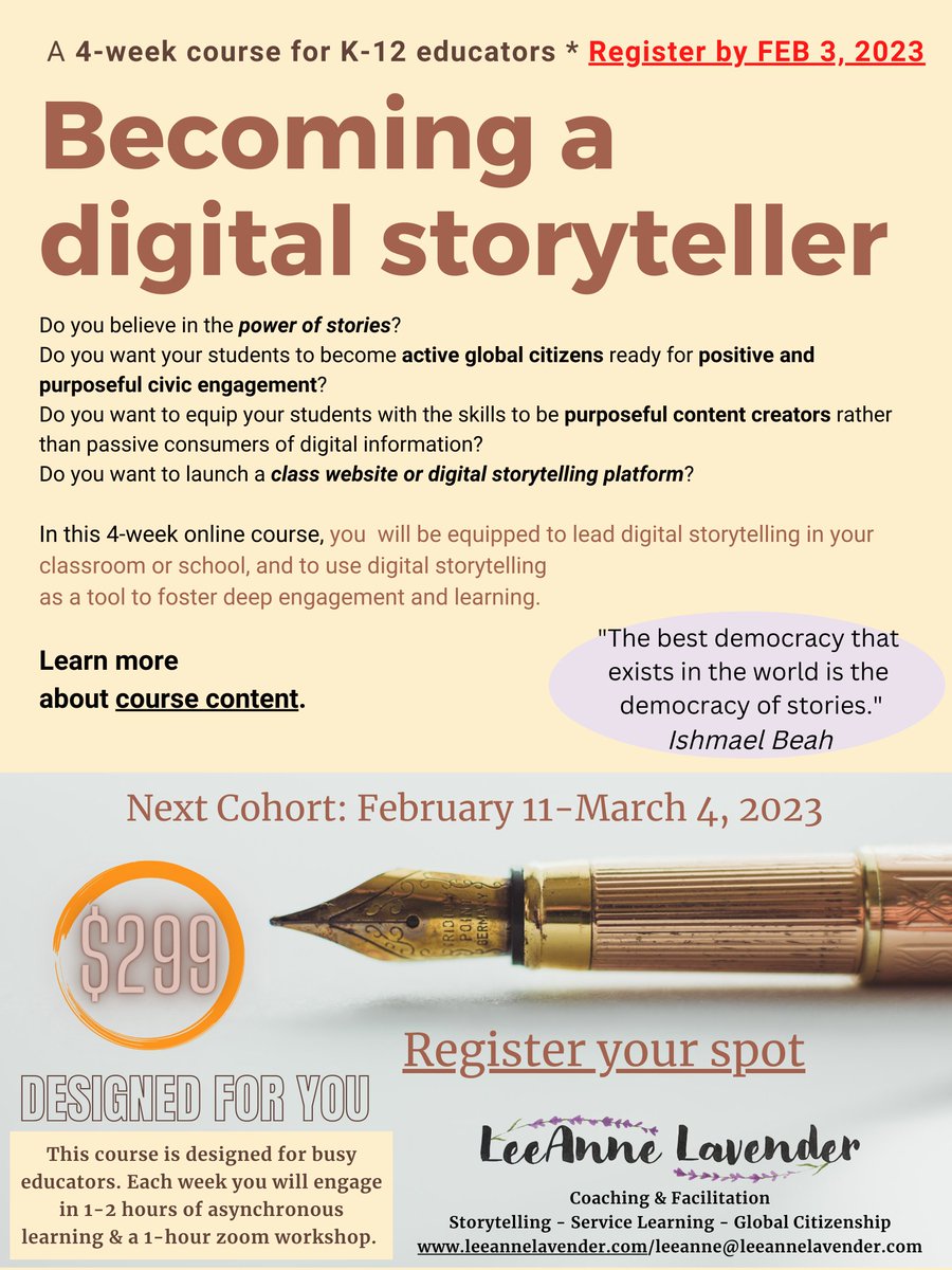 LeeAnne Lavender (she/her) (@leeannelavender) on Twitter photo Registration is open for the next cohort of "Becoming a Digital Storyteller"! Register by February 3rd for 4 weeks of hands-on learning to bring digital storytelling to your classroom and enhance digital, media and visual literacies!
global-citizenship-hub.teachable.com/p/becoming-a-d…
#digitalstorytelling Registration is open for the next cohort of "Becoming a Digital Storyteller"! Register by February 3rd for 4 weeks of hands-on learning to bring digital storytelling to your classroom and enhance digital, media and visual literacies!
global-citizenship-hub.teachable.com/p/becoming-a-d…
#digitalstorytelling