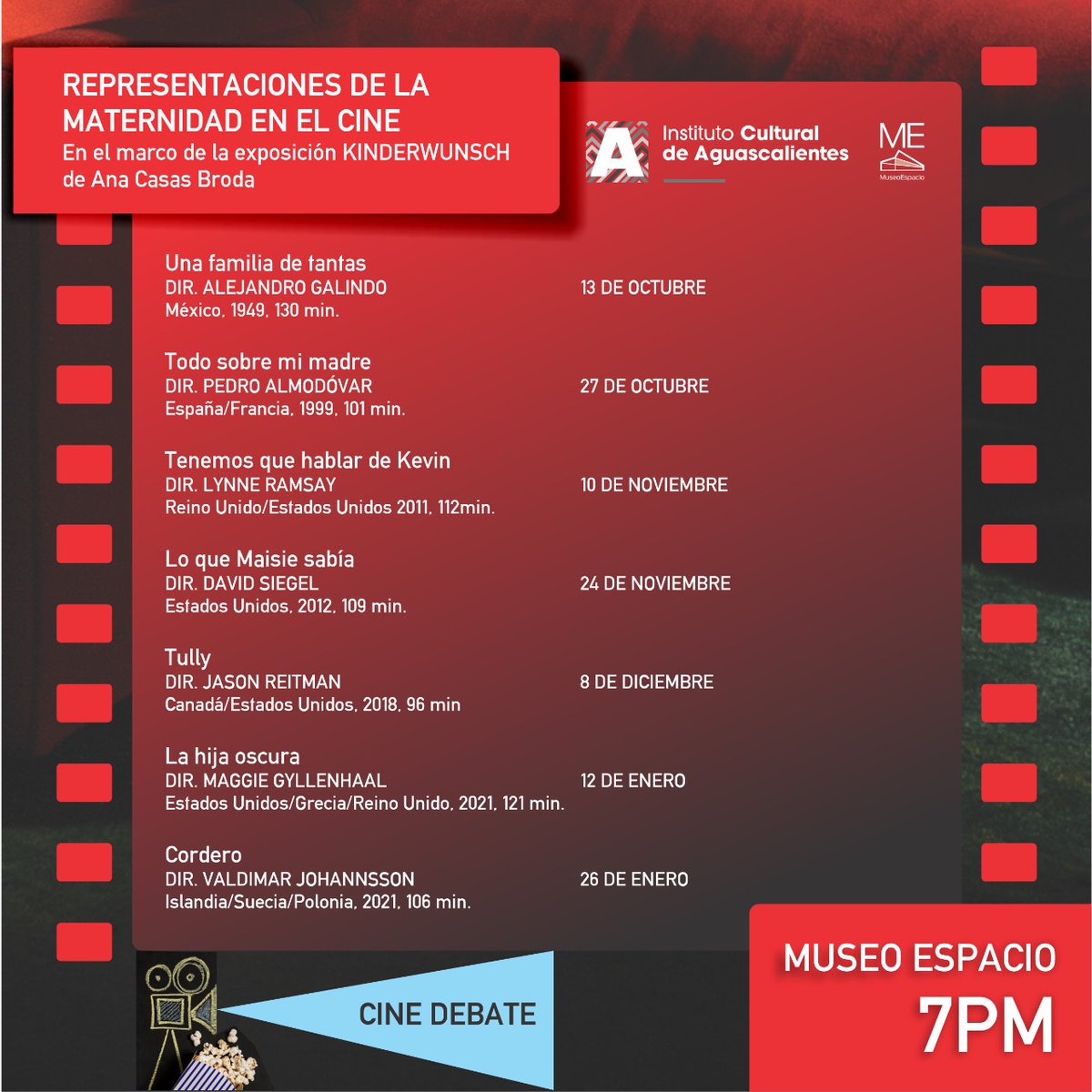 Te presentamos nuevamente el ciclo completo de cine para que nos sigas y asistas ya nada más queda en este año una proyección el 8 de diciembre y dos en el mes de enero para terminar junto con la exposición de Ana Casas "Kinderwunsch" que termina el 29 de enero. No te las pierdas