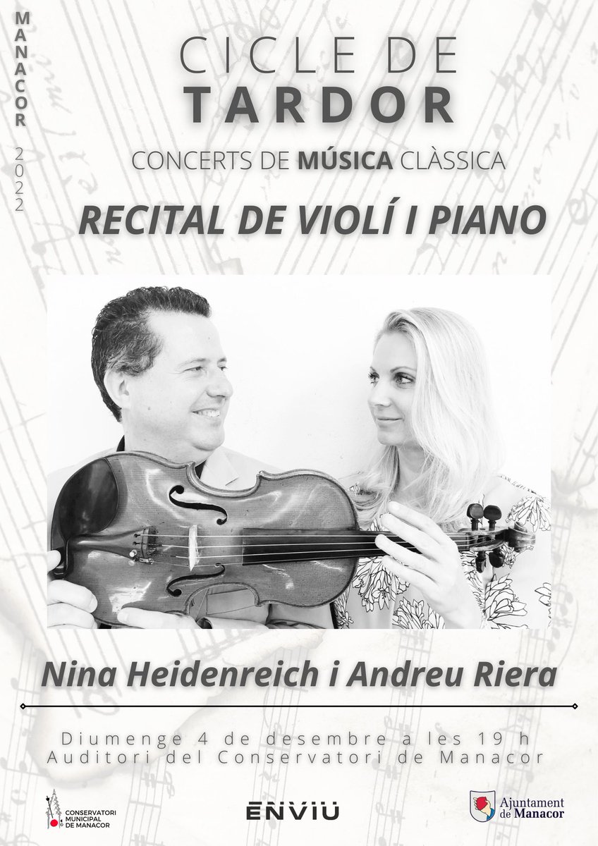 Aquest diumenge, Nina Heidenreich i Andreu Riera ens faran gaudir amb un repertori virtuosístic per a violí i piano de C. Frank, F. Kreisler, A. Parera Fons i V. Monti!