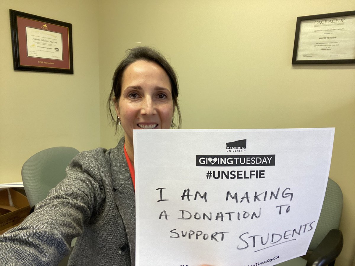 Because it’s my work, but also part of my values. #givingtuesdayca is an occasion to come together to support causes that matter to us. I’m proud to support ⁦@MemorialU⁩ students.
Share the love, give, spread kindness and post your #unselfie #MemorialUGiving