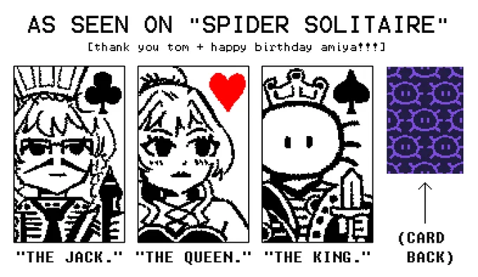 i had tons of fun drawing some very pixellustrious spider solitaire card designs for tom's super cool amiya birthday project!!! check it AND her out!!! 💜 #amiyart https://t.co/sv1uaOBcyl 