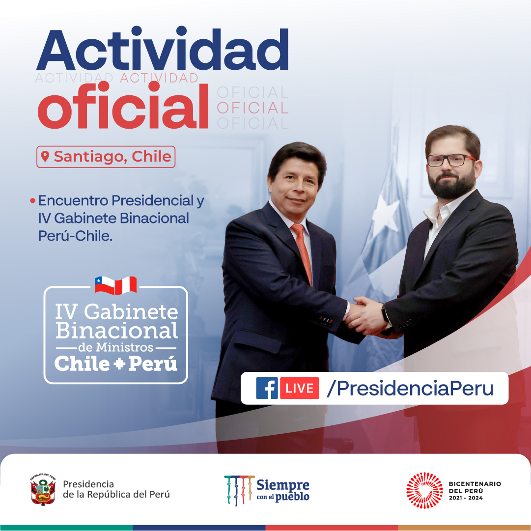 presidenciaperu's tweet photo. Ahora | Los jefes de Estado, @PedroCastilloTe y @gabrielboric, brindan declaración conjunta, como parte del Encuentro Presidencial y IV Gabinete Binacional Perú-Chile, en Santiago. 
🔴 En vivo: https://t.co/C5v7YH355B
#BinacionalPerúChile 🇵🇪🇨🇱 
#SiempreConElPueblo https://t.co/50KtfVsyku