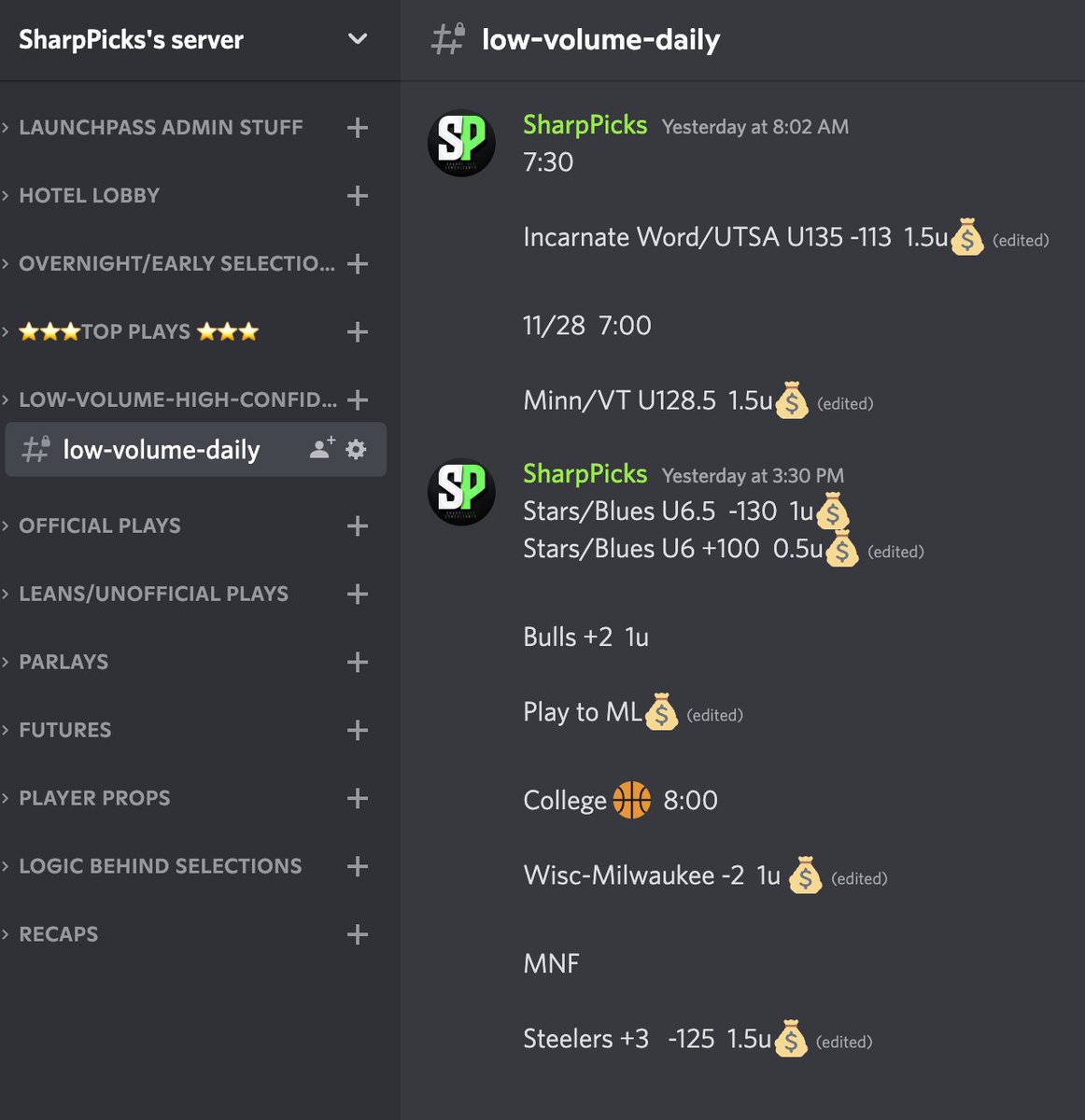 SharpPickss's tweet image. Reminder we have a low volume ONLY package for those who want to be clients for just the best plays each day!🧹

💰Incarnate Word/UTSA U135 -113  
💰Minn/VT U128.5 -110 
💰Stars/Blues U6.5  -130
💰Stars/Blues U6 +100
💰Bulls +2  -110
💰Wisc-Milwaukee -2 -110 
💰Steelers +3   -125