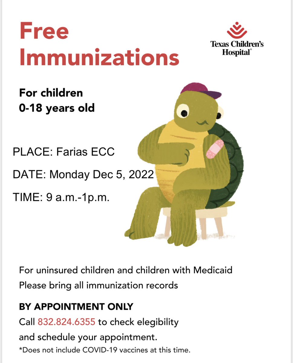 Next Monday @FARIASECC @TexasChildrens will be on campus to provide free immunizations make your appointment! @NormaV2476 @mnevarezsolis @ms_nava1 @aguayoOHISD