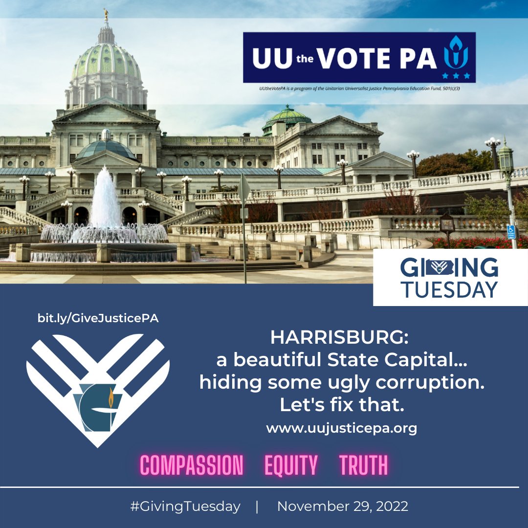 UUJusticePA's tweet photo. On #GivingTuesday, we're asking for your help as we battle political corruption. “If we do not end corruption in our PA Capital, none of our justice issues will get the attention they deserve.” – Rev. Joan Sabatino, Director
Join the fight: https://t.co/FRmOAzoxw3 https://t.co/lJuvHw66yj