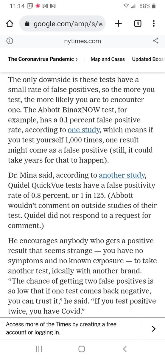ikuo1000's tweet photo. Okay, here's what I found. This NYT article says QuickVue has relatively high false positive rate, at least when compared to BinaxNOW.

https://t.co/jr6Ztutp04

New protocol: Follow any positive at-home test w/ 2nd test of DIFFERENT brand. (Still confirm with PCR.) https://t.co/peom7xltk8