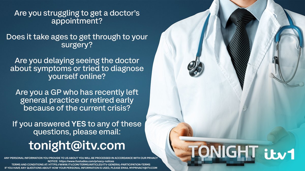 🚨🩺  #ITVTonight is looking for people who have experienced difficulty getting doctor's appointments. And we are also looking for GP's who have recently left general practice. 

If this applies to you, please email tonight@itv.com with some information about your experiences.