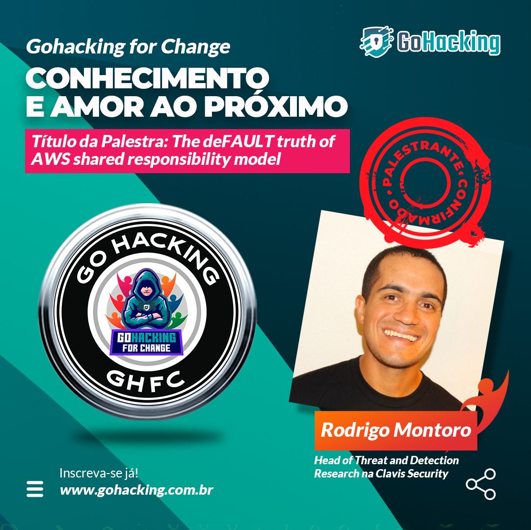 GoHacking For Change - GHFC

Palestrante confirmado: Rodrigo Montoro

Tema: The deFAULT truth of AWS shared responsibility model

Inscrições: gohacking.com.br/turma/PPQBLLCT…

Let's GoHacking !

#gohacking #GHFC #caridade